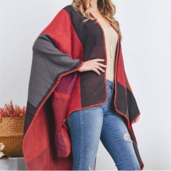 11 Fall/Winter Oversized Color Block Boho Poncho Shawl - Picture 3 of 4